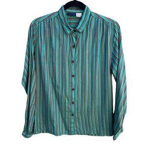 Royal Silk Vintage 70s Womens Retro Striped Button-Up Long Sleeve Shirt Blouse L